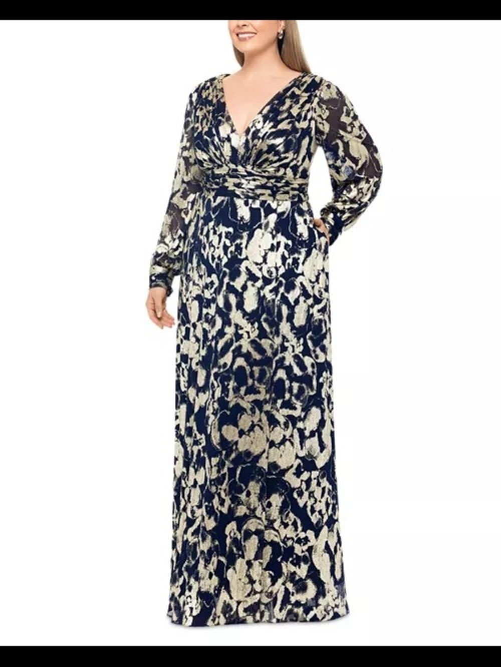 Betsy & Adam Dark Navy and Champagne Long Sleeve Maxi Dress 20W